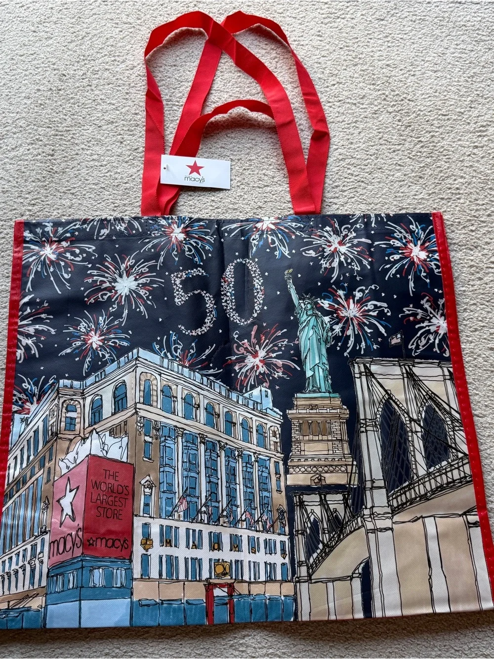 Macy's 50 NYC Fireworks Reusable Tote Bag Statue Liberty Brooklyn Bridge 21x18x7